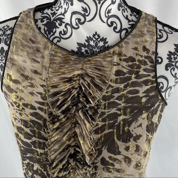 Tibi Metallic Ruffle Animal Print Silk Shell Tank - Picture 2 of 7